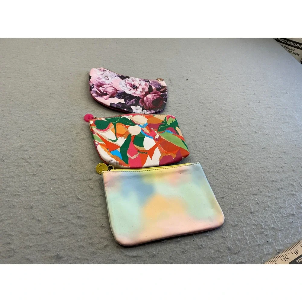 Ipsy Makeup Bag Set of 3 Floral Geometric Rainbow Zipper Pouches Small Travel